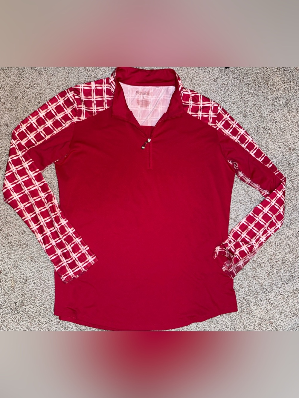 San soliel women’s Red Quarter-Zip Pullover sz L Pattern Sleeves mesh upf sun 50